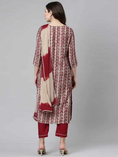 Neeru's Maroon Regular Straight Printed Readymade suits