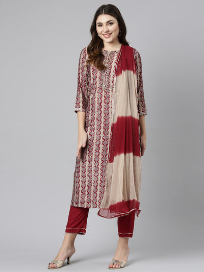 Neeru's Maroon Regular Straight Printed Readymade suits