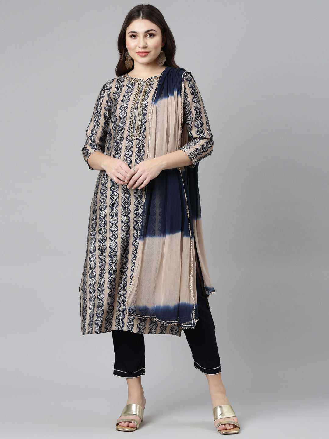 Neeru's Navy Blue Regular Straight Printed Readymade suits