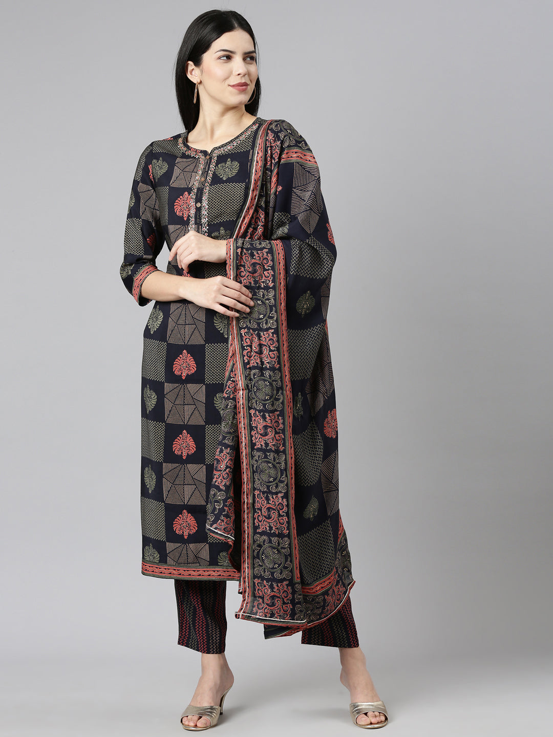 Neeru's Navy Blue Regular Straight Printed Readymade suits