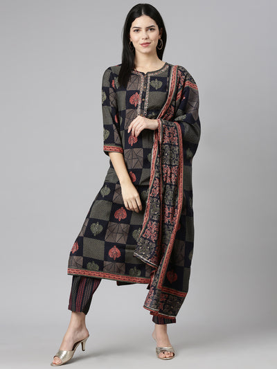 Neeru's Navy Blue Regular Straight Printed Readymade suits