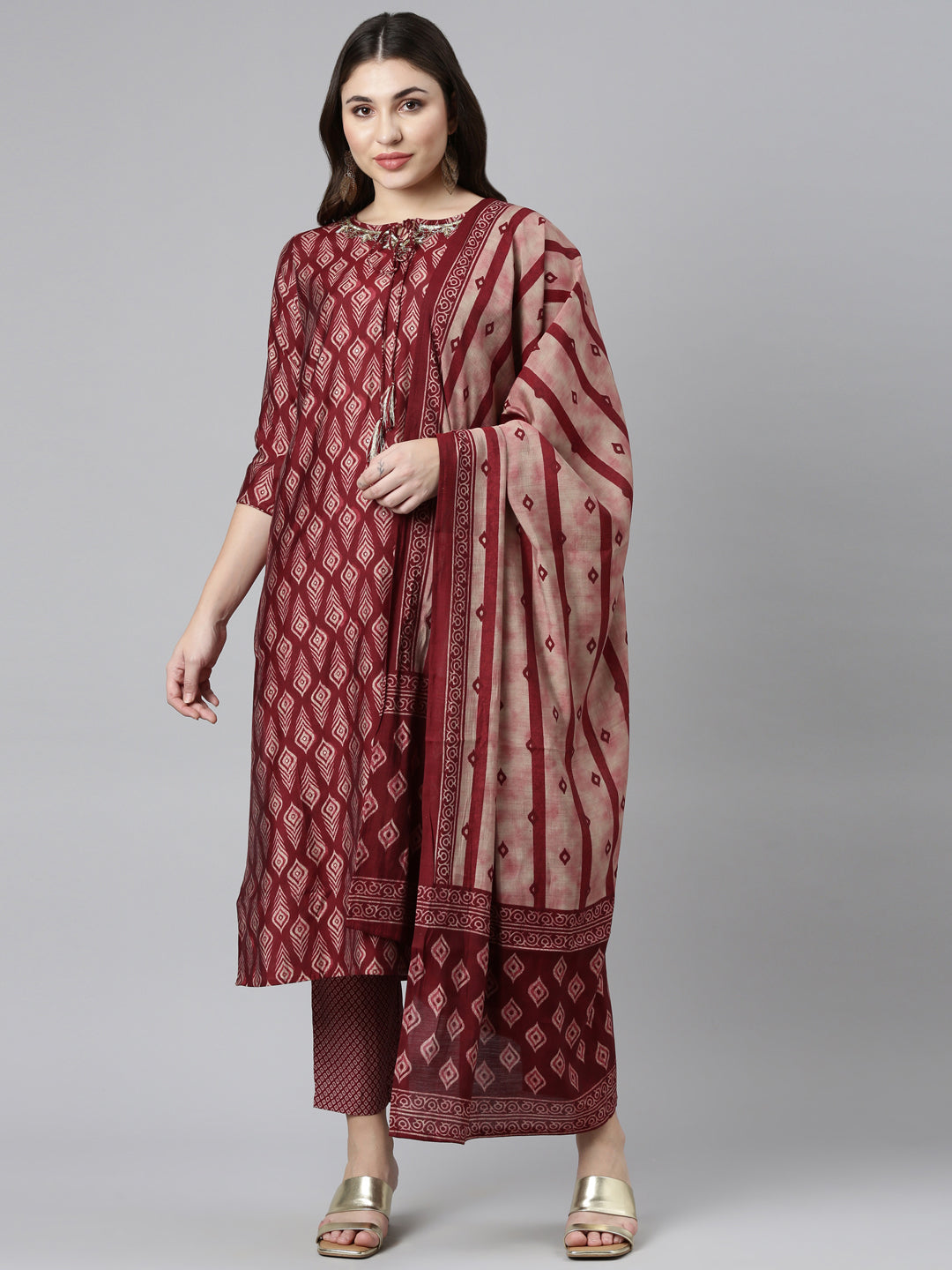 Neeru's Maroon Regular Straight Printed Readymade suits