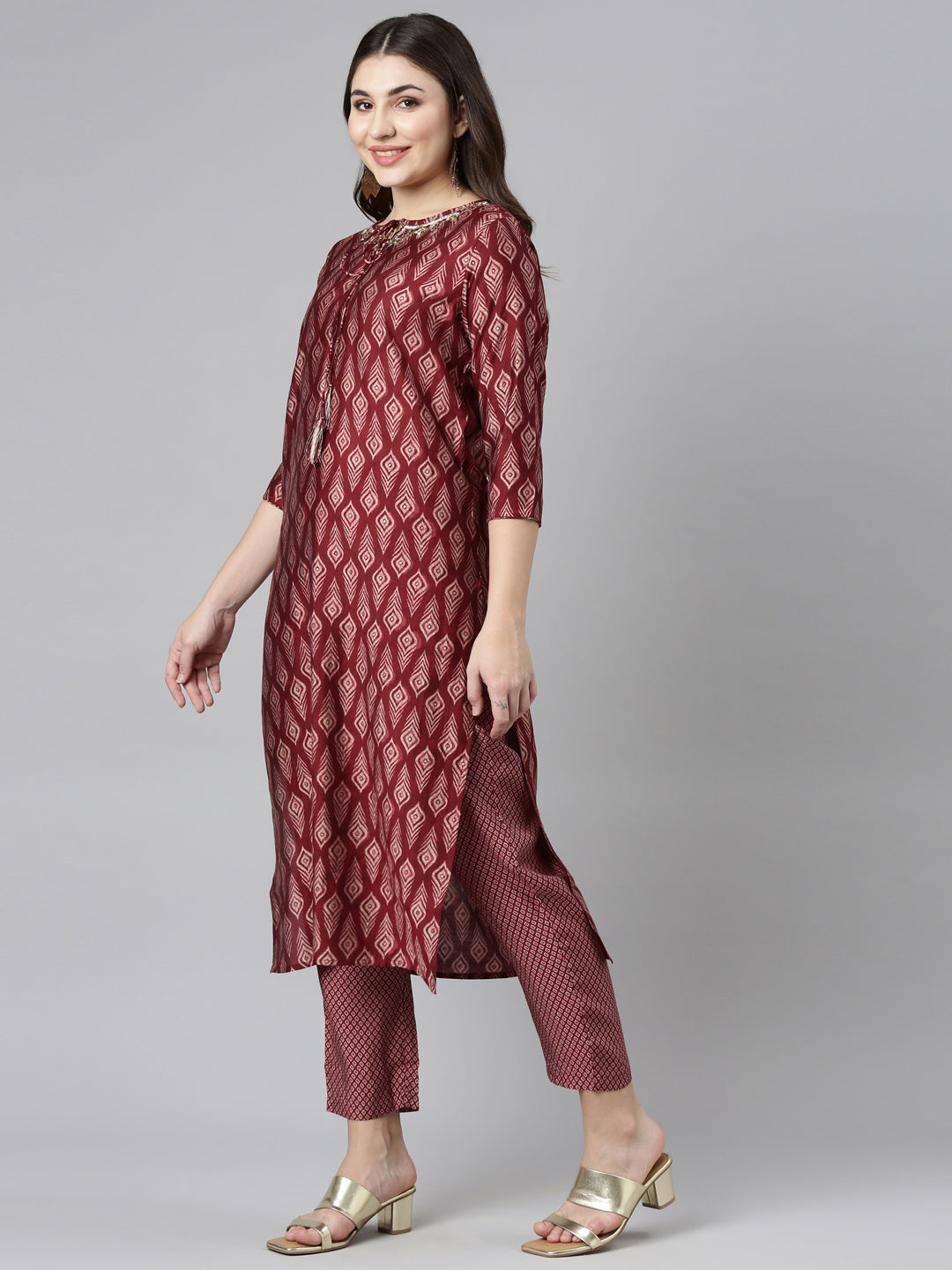 Neeru's Maroon Regular Straight Printed Readymade suits