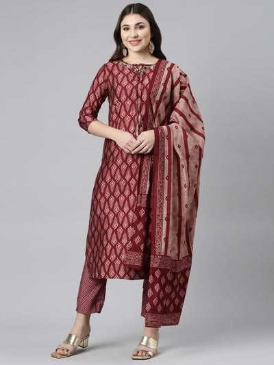 Neeru's Maroon Regular Straight Printed Readymade suits