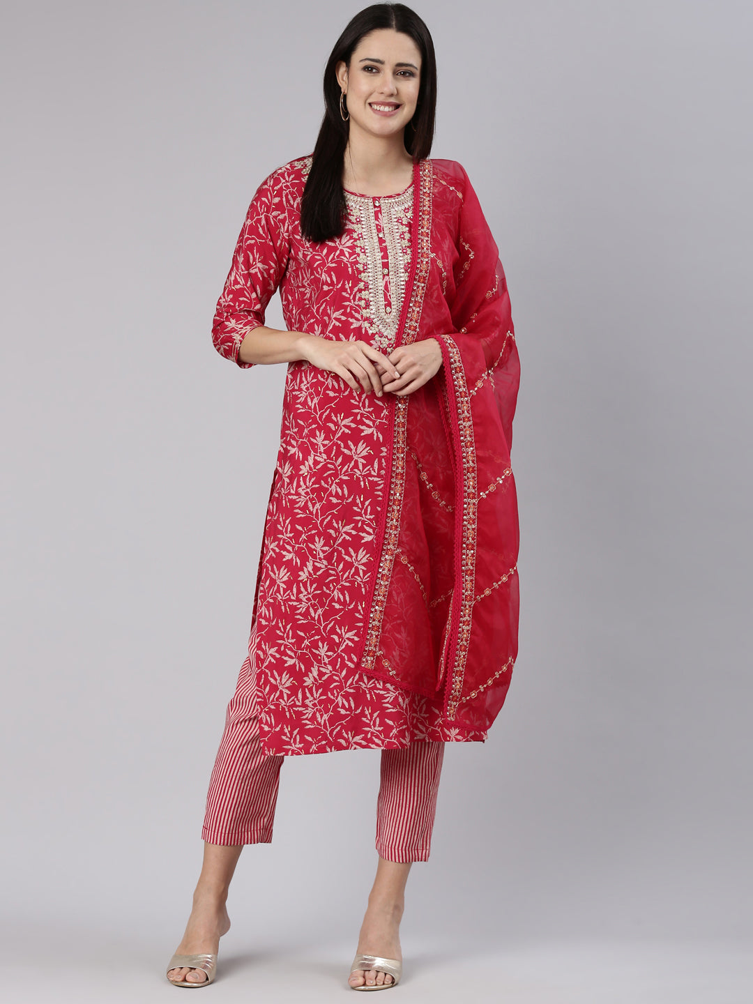 Neeru's Pink Regular Straight Printed Kurta And Trousers With Dupatta