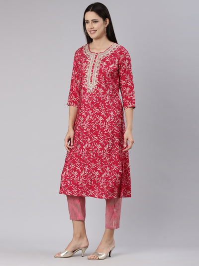 Neeru's Pink Regular Straight Printed Kurta And Trousers With Dupatta