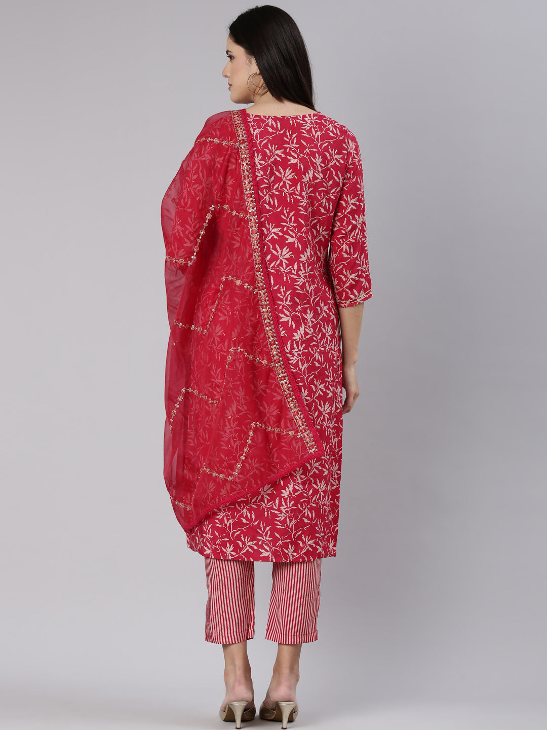 Neeru's Pink Regular Straight Printed Kurta And Trousers With Dupatta