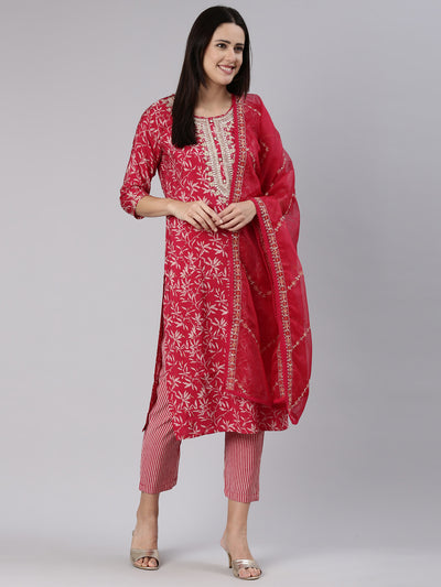 Neeru's Pink Regular Straight Printed Kurta And Trousers With Dupatta