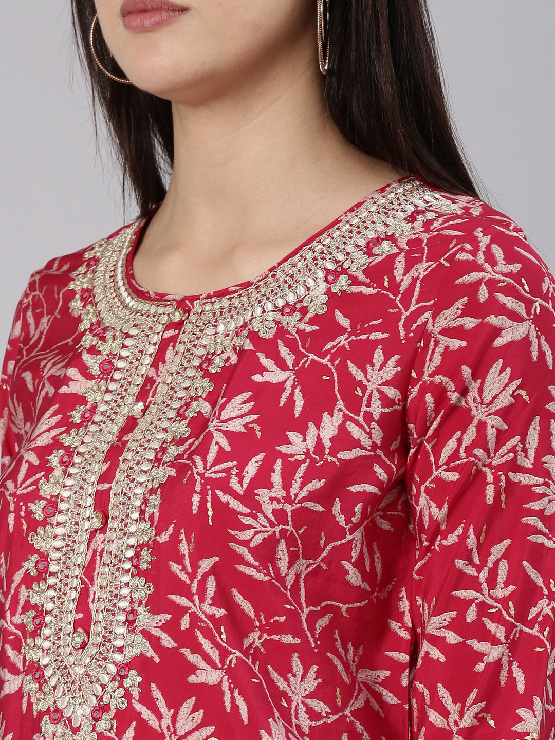 Neeru's Pink Regular Straight Printed Kurta And Trousers With Dupatta