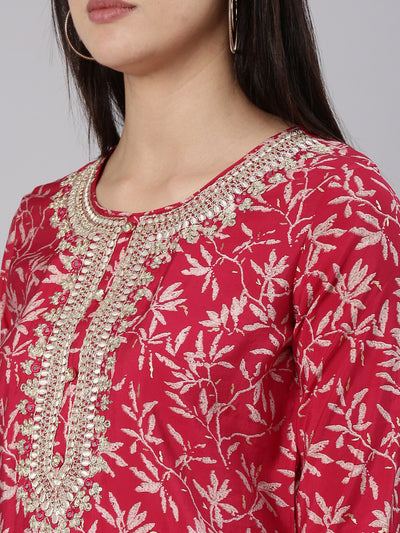 Neeru's Pink Regular Straight Printed Kurta And Trousers With Dupatta