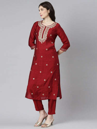 Neeru's Maroon Regular Straight Embroidered Kurta And Trousers