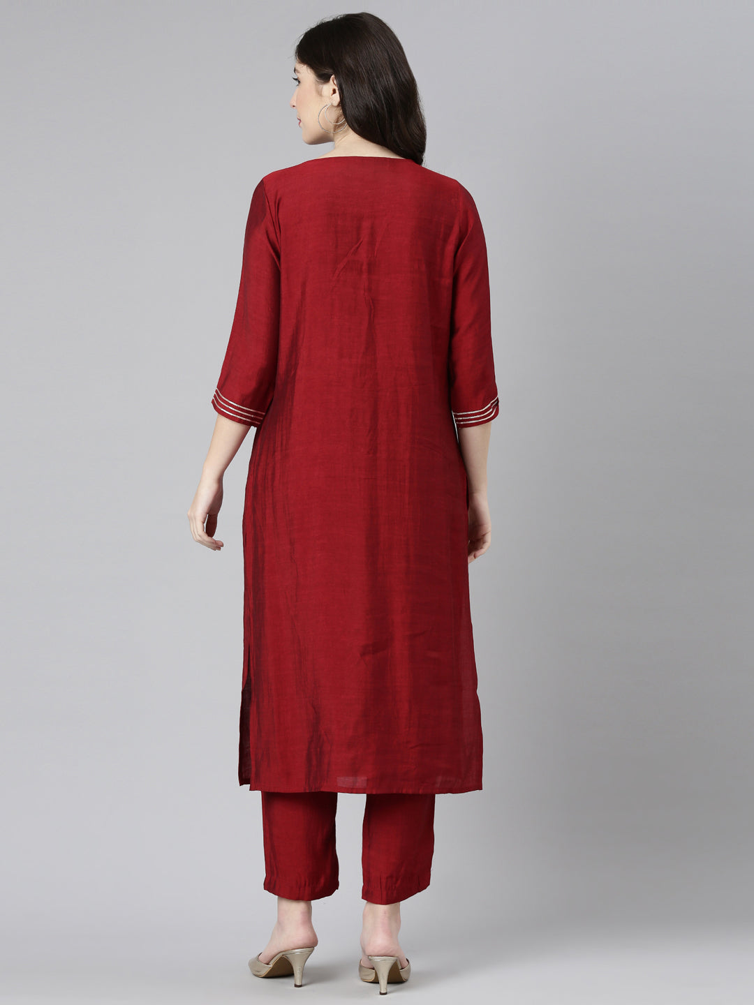 Neeru's Maroon Regular Straight Embroidered Kurta And Trousers