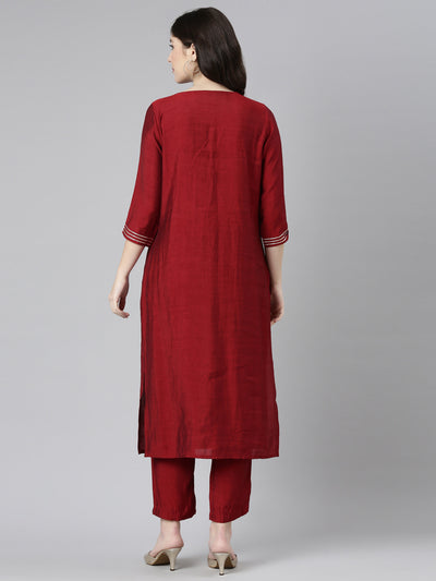 Neeru's Maroon Regular Straight Embroidered Kurta And Trousers