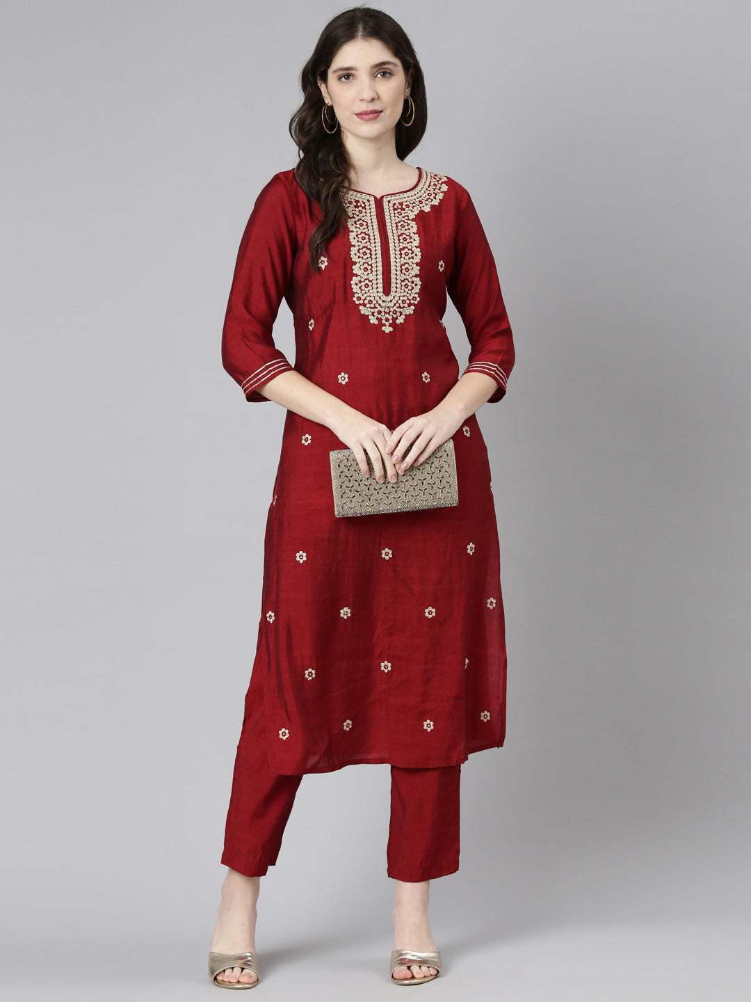 Neeru's Maroon Regular Straight Embroidered Kurta And Trousers