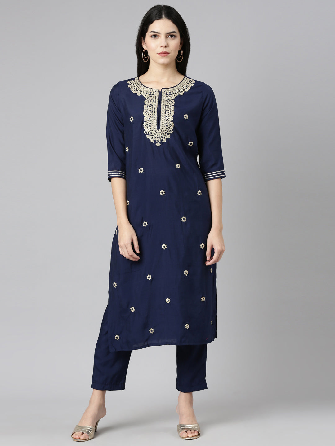 Neeru's Navy Blue Regular Straight Embroidered Kurta And Trousers