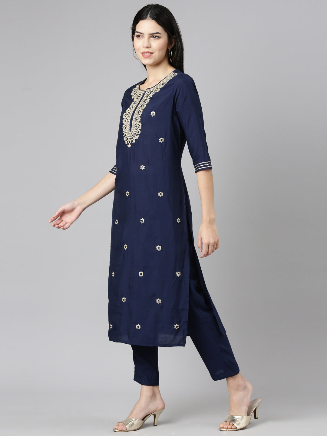 Neeru's Navy Blue Regular Straight Embroidered Kurta And Trousers