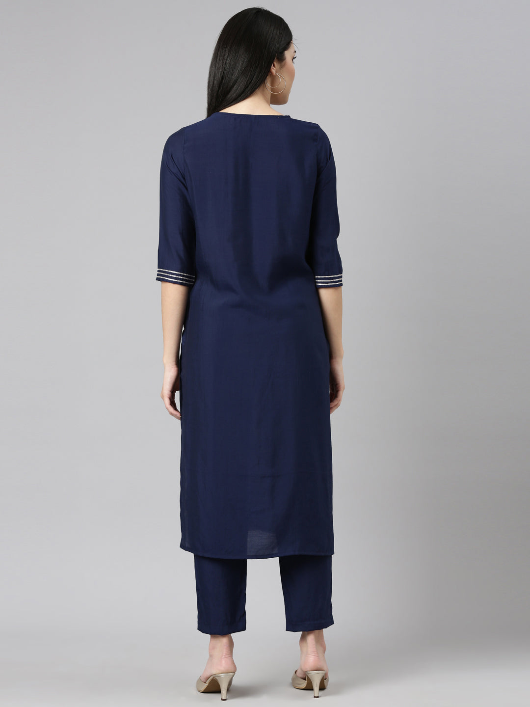 Neeru's Navy Blue Regular Straight Embroidered Kurta And Trousers