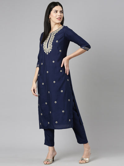 Neeru's Navy Blue Regular Straight Embroidered Kurta And Trousers