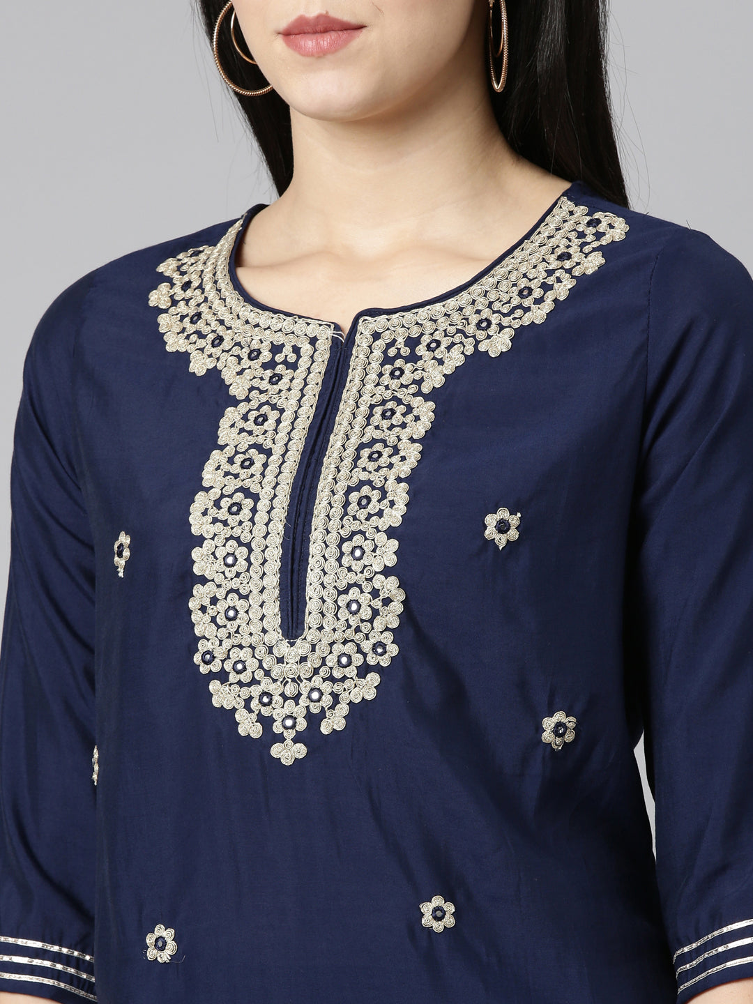 Neeru's Navy Blue Regular Straight Embroidered Kurta And Trousers