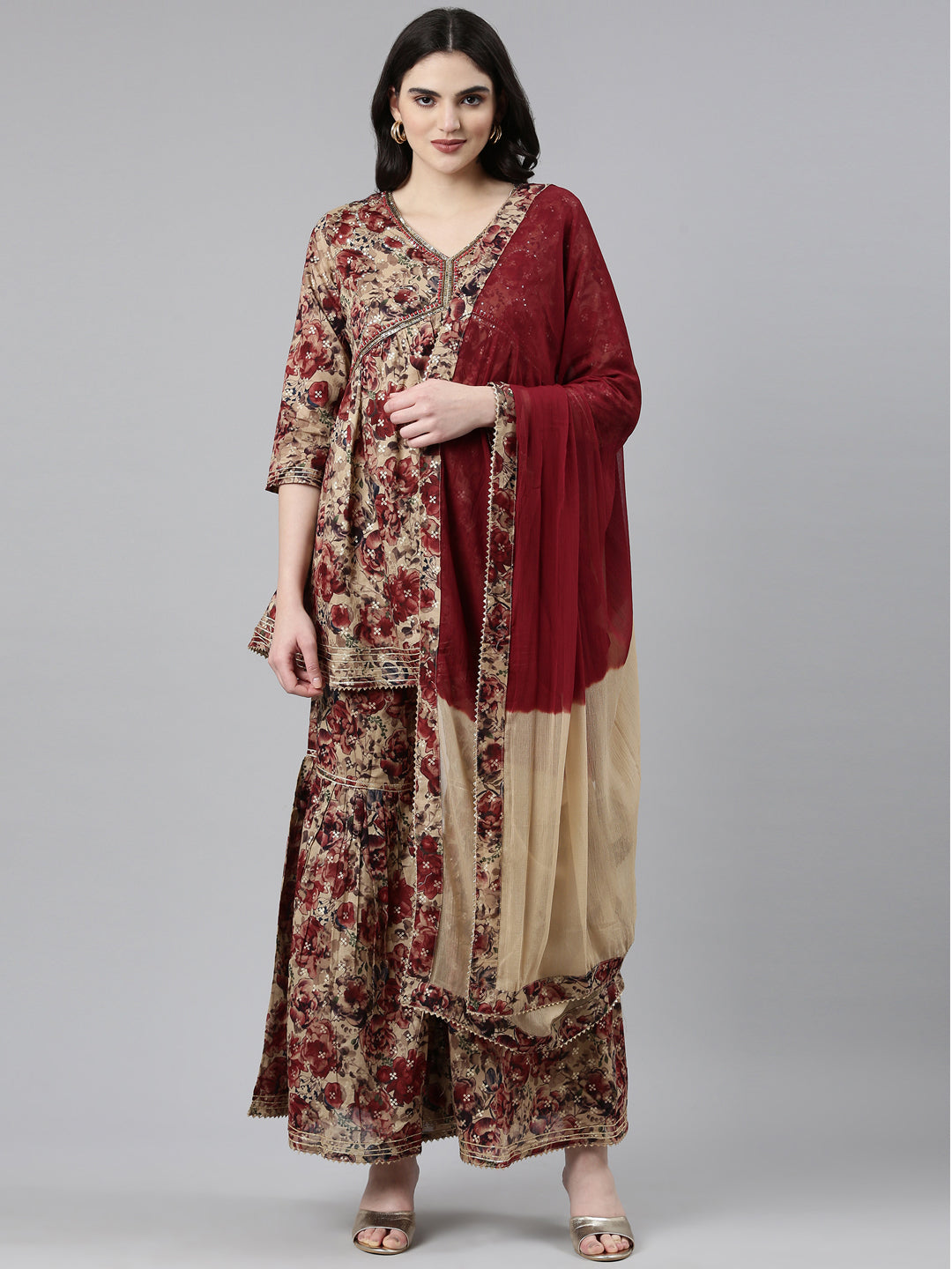 Neeru's Maroon Pleated Anarkali Printed Kurta And Sharara With Dupatta