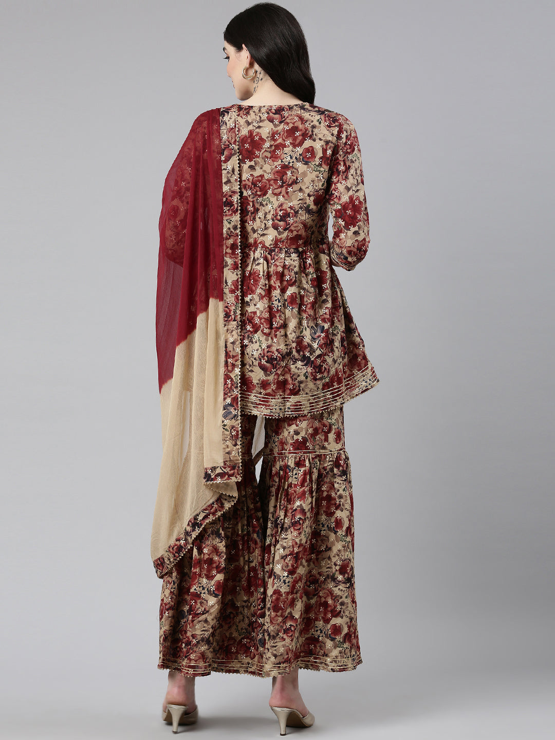 Neeru's Maroon Pleated Anarkali Printed Kurta And Sharara With Dupatta