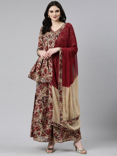 Neeru's Maroon Pleated Anarkali Printed Kurta And Sharara With Dupatta