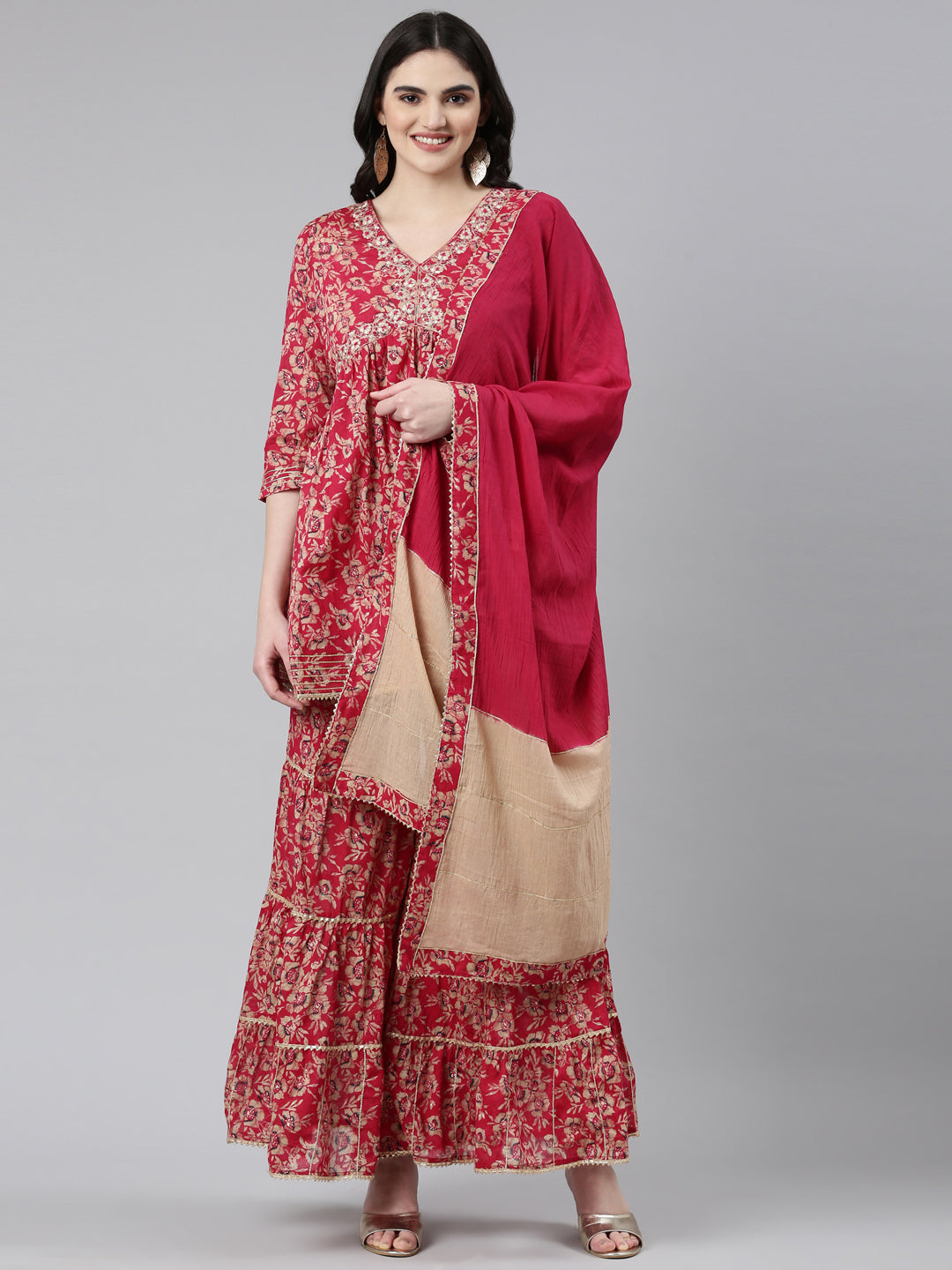 Neeru's Magenta Pleated Anarkali Printed Kurta And Sharara With Dupatta