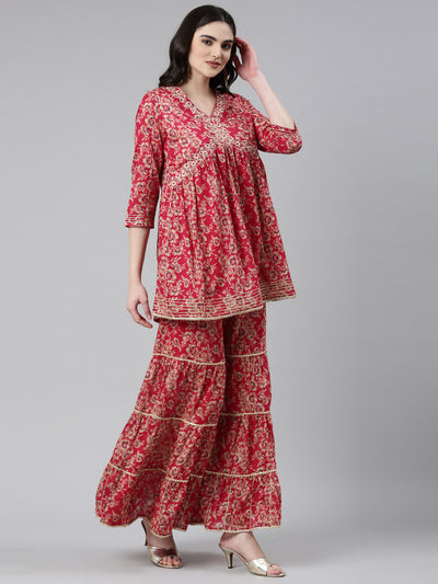 Neeru's Magenta Pleated Anarkali Printed Kurta And Sharara With Dupatta