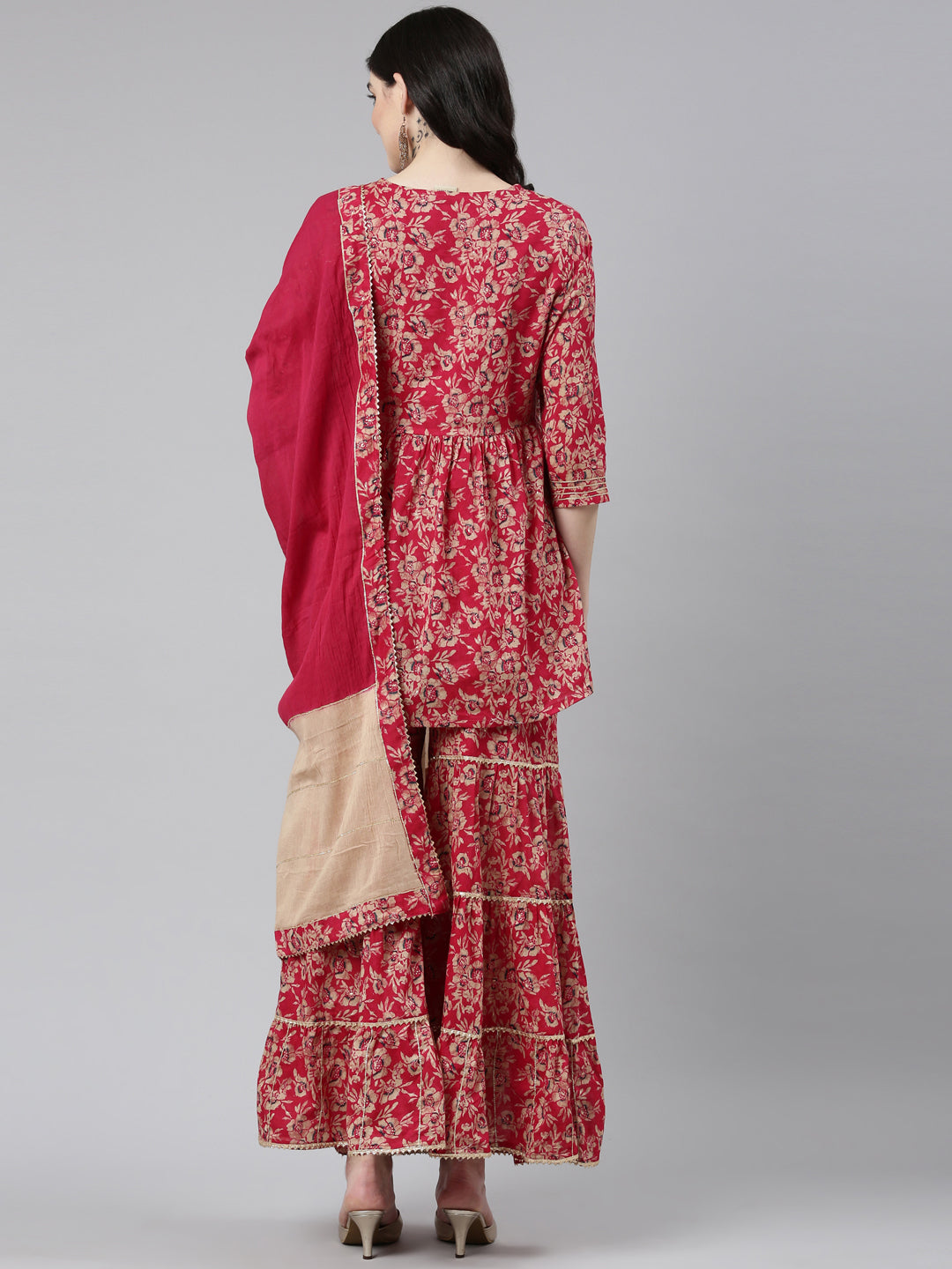 Neeru's Magenta Pleated Anarkali Printed Kurta And Sharara With Dupatta