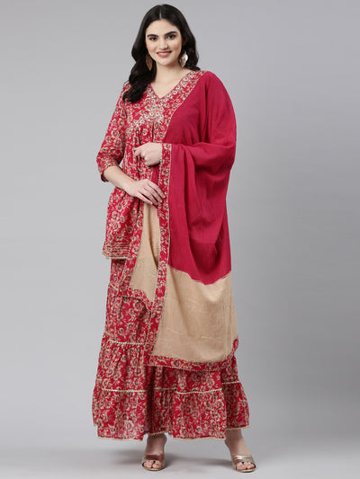 Neeru's Magenta Pleated Anarkali Printed Kurta And Sharara With Dupatta