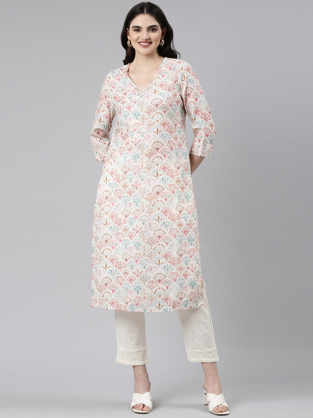 Neeru's Off White Regular Straight Printed Kurta And Trousers