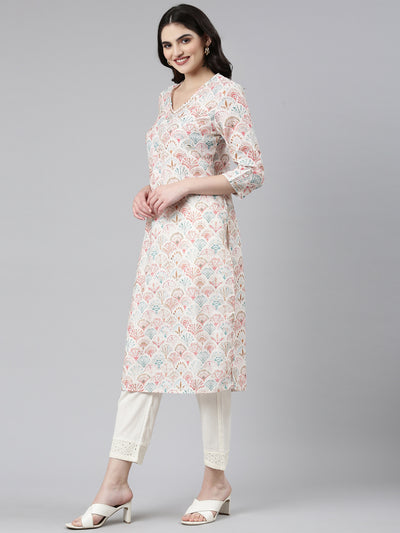 Neeru's Off White Regular Straight Printed Kurta And Trousers