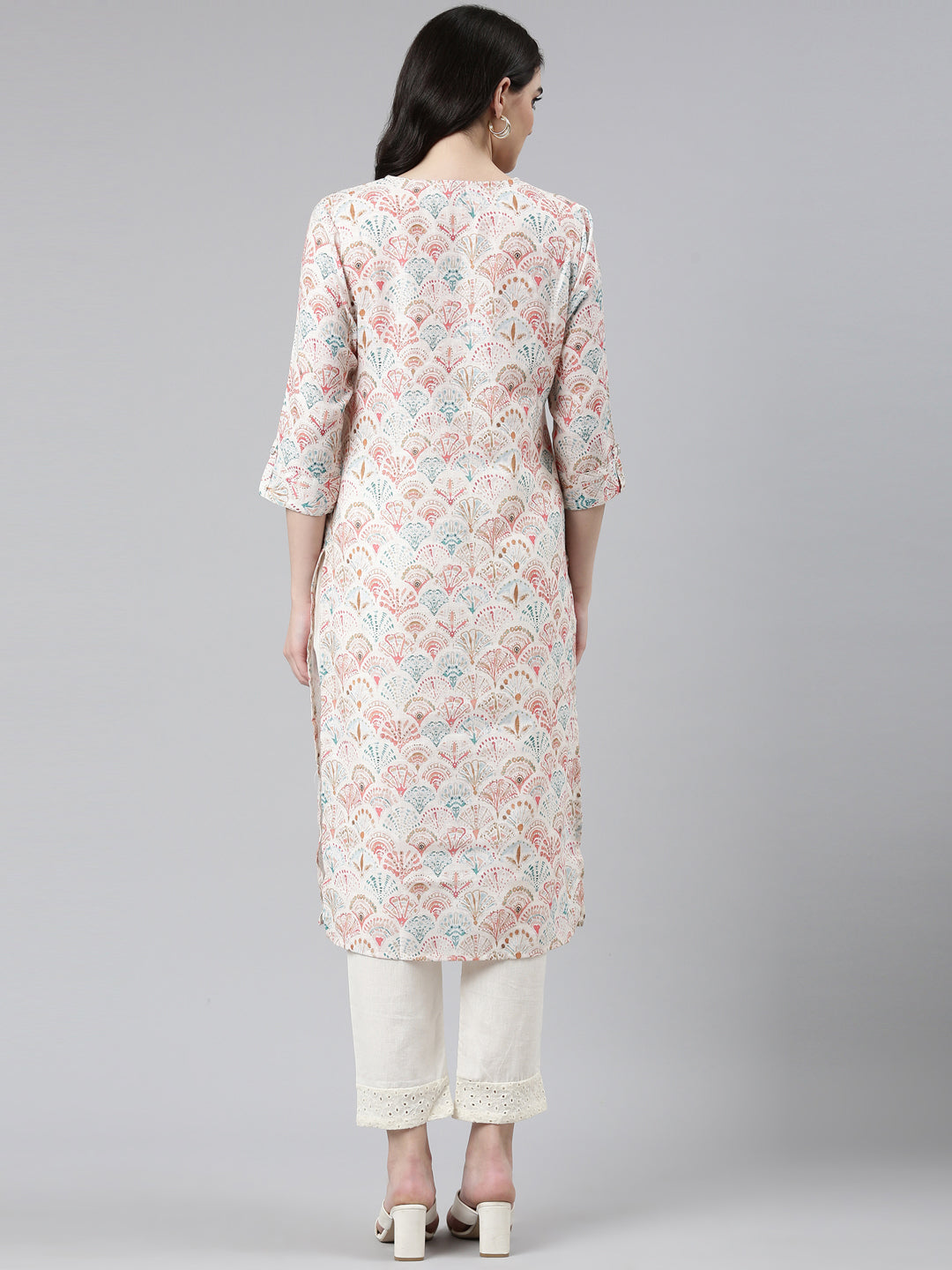 Neeru's Off White Regular Straight Printed Kurta And Trousers