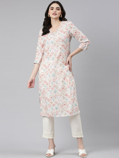 Neeru's Off White Regular Straight Printed Kurta And Trousers