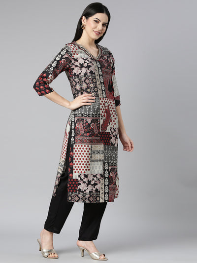 Neerus Black Regular Straight Paisley Kurta And Trousers With Dupatta