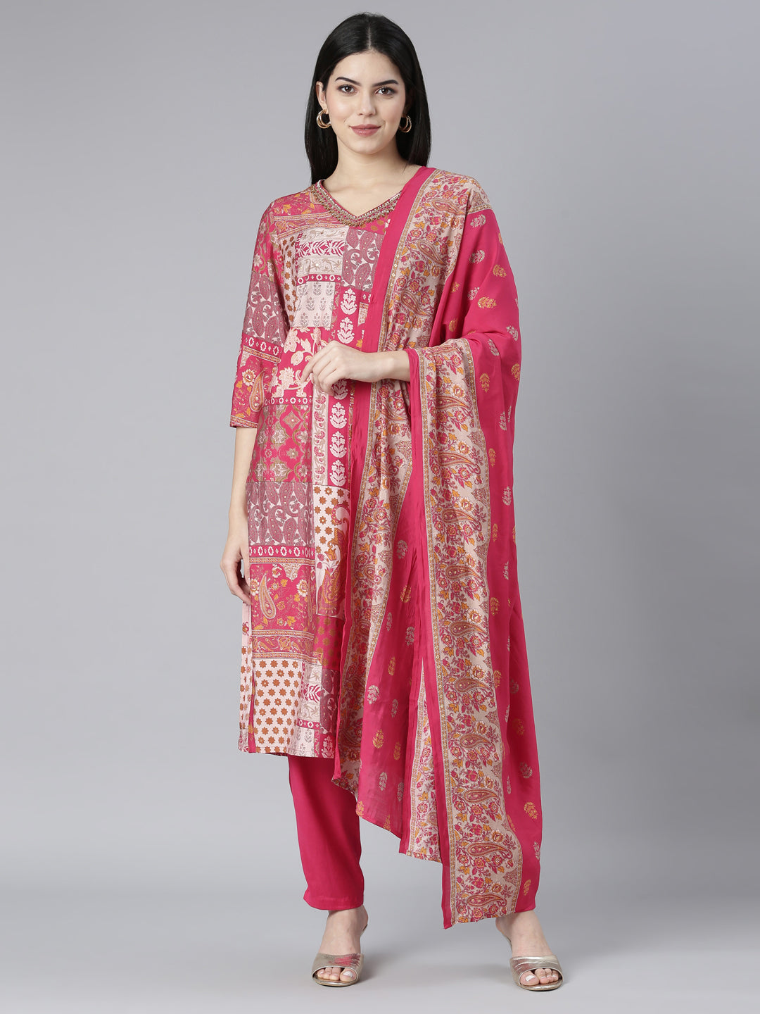 Neerus Pink Regular Straight Paisley Kurta And Trousers With Dupatta