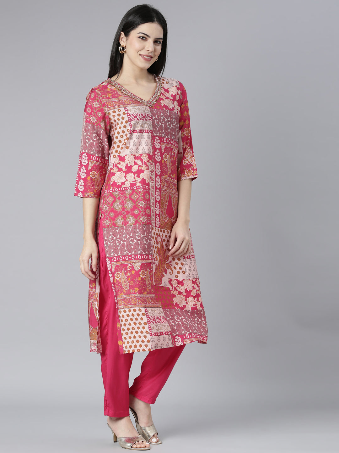 Neerus Pink Regular Straight Paisley Kurta And Trousers With Dupatta