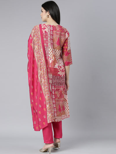 Neerus Pink Regular Straight Paisley Kurta And Trousers With Dupatta