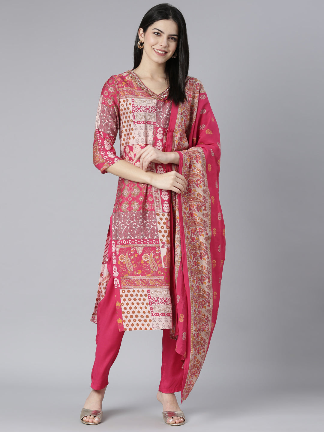 Neerus Pink Regular Straight Paisley Kurta And Trousers With Dupatta