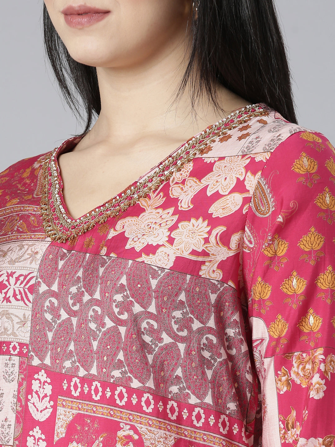 Neerus Pink Regular Straight Paisley Kurta And Trousers With Dupatta