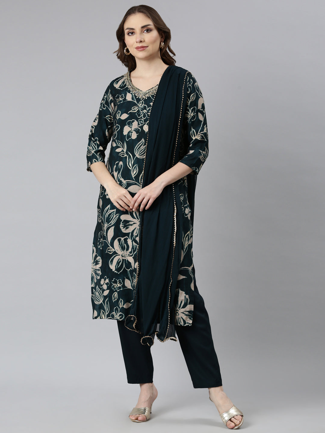 Neerus Green Regular Straight Floral Kurta And  Trousers With Dupatta