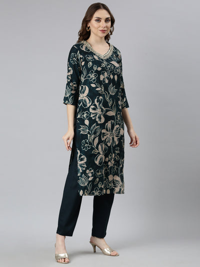 Neerus Green Regular Straight Floral Kurta And  Trousers With Dupatta