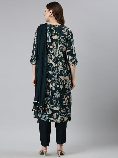 Neerus Green Regular Straight Floral Kurta And  Trousers With Dupatta