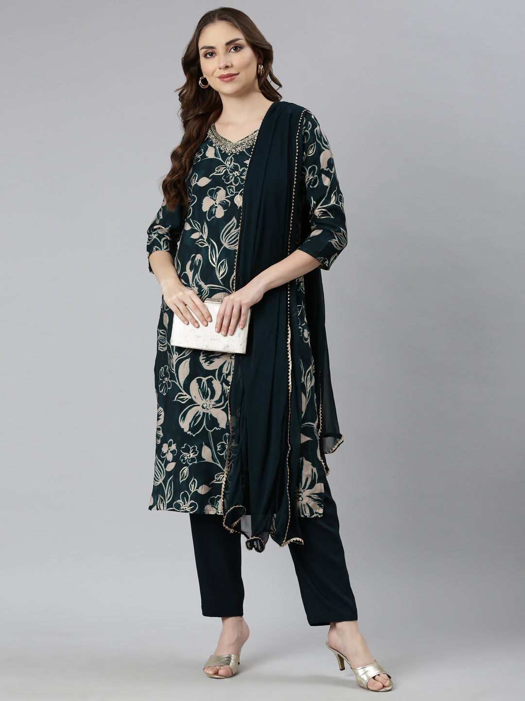 Neerus Green Regular Straight Floral Kurta And  Trousers With Dupatta