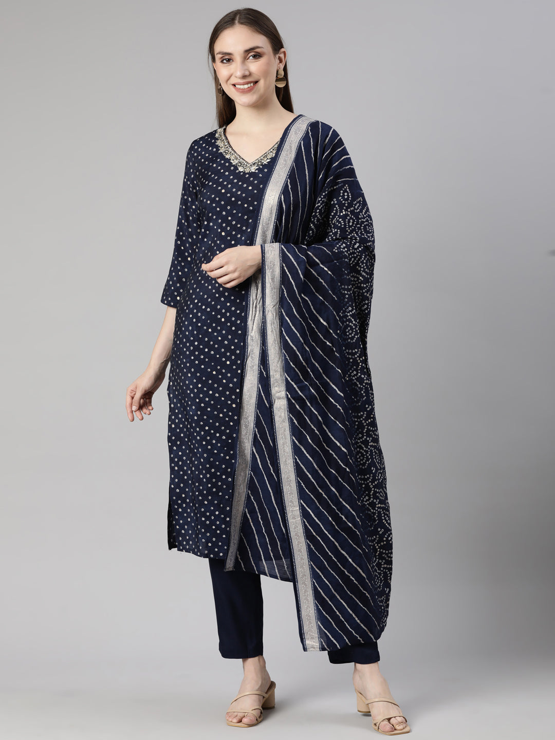 Neerus Navy Blue Regular Straight Bandhani Kurta And  Trousers With Dupatta