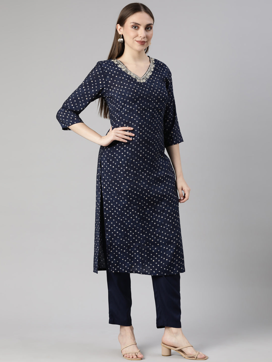 Neerus Navy Blue Regular Straight Bandhani Kurta And  Trousers With Dupatta