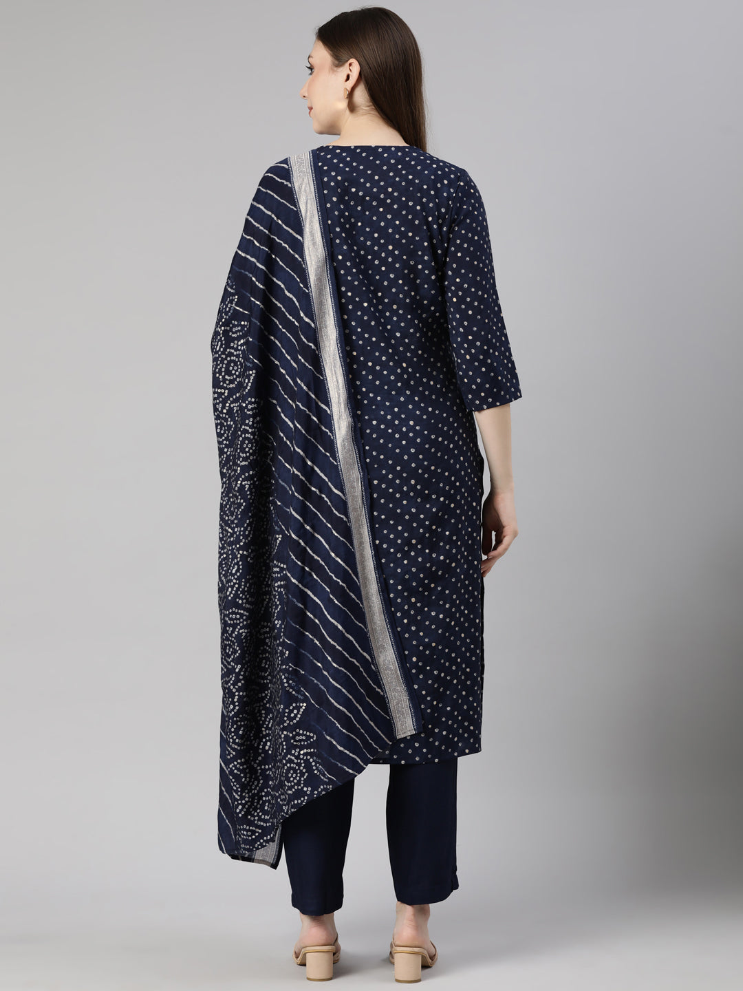 Neerus Navy Blue Regular Straight Bandhani Kurta And  Trousers With Dupatta