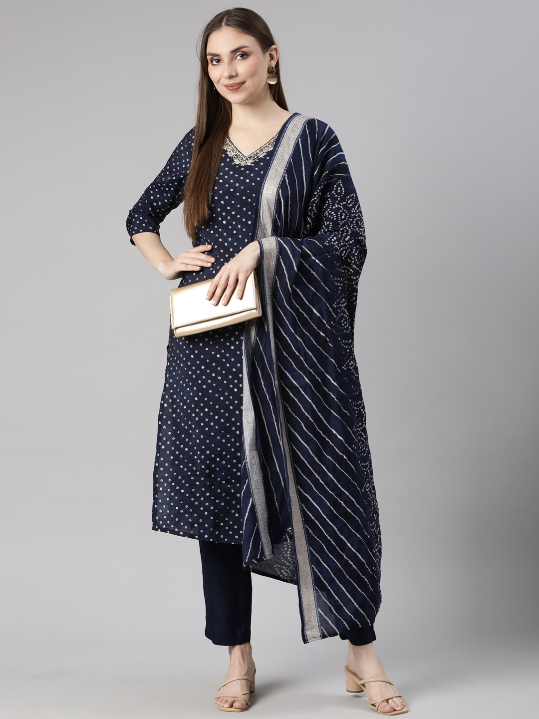 Neerus Navy Blue Regular Straight Bandhani Kurta And  Trousers With Dupatta