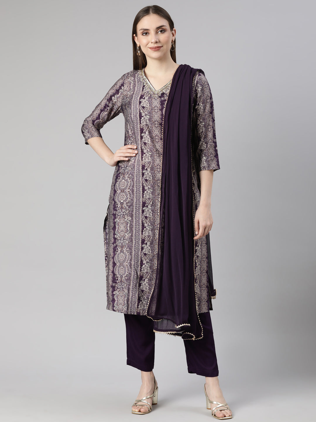 Neerus Purple Panelled Straight Chevron Kurta And  Trousers With Dupatta