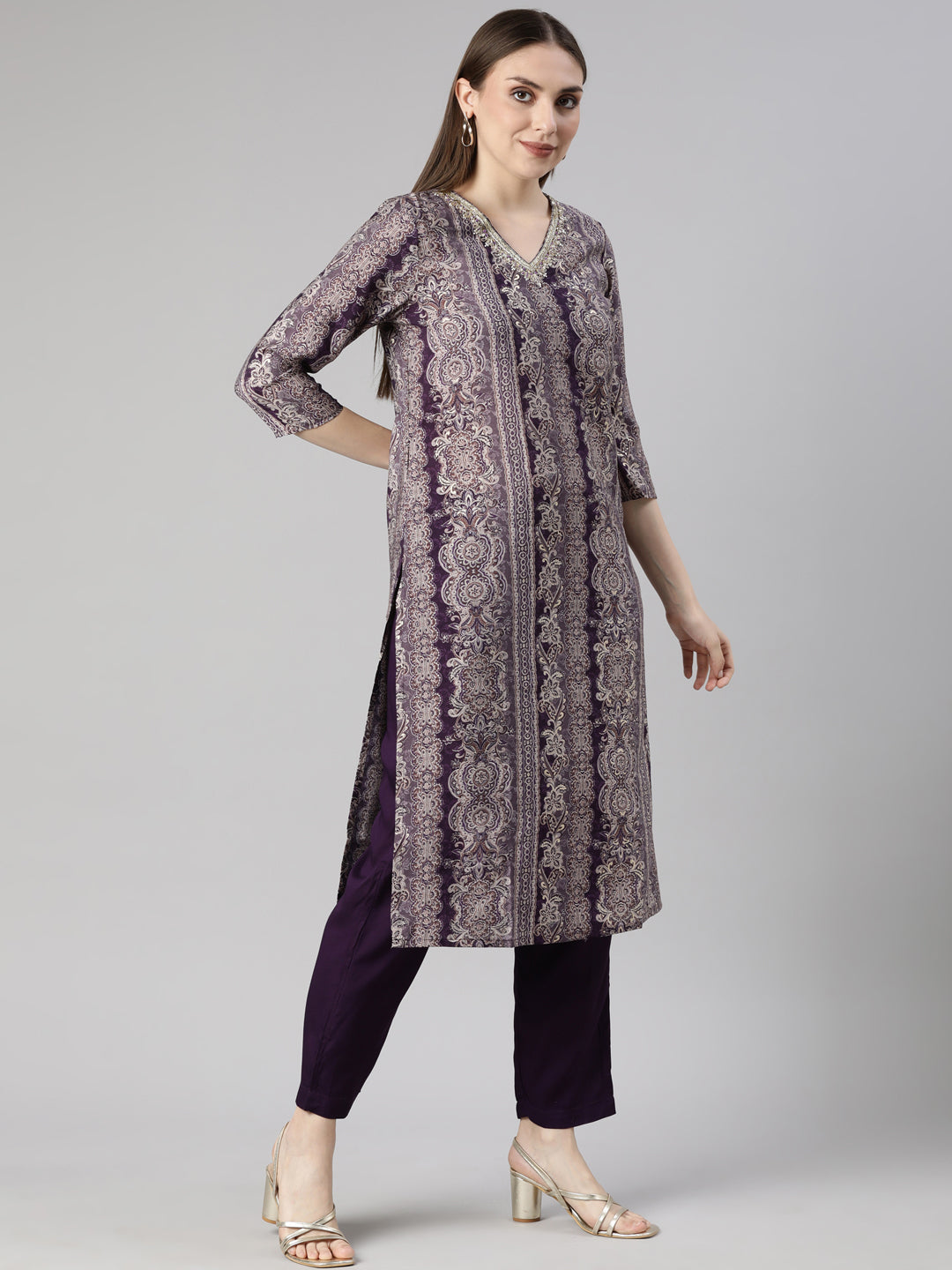 Neerus Purple Panelled Straight Chevron Kurta And  Trousers With Dupatta